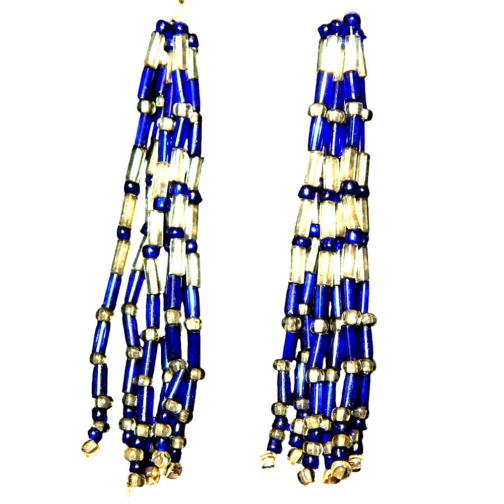 Vintage Bohemian Long Blue & White Fringe Earrings